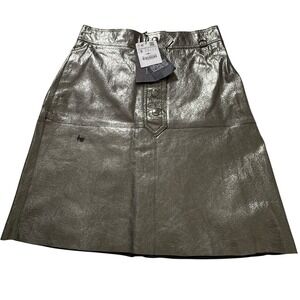 ZARA Metallic Leather Mini Skirt Womens Size S Silver A-Line Snap Front FLAW